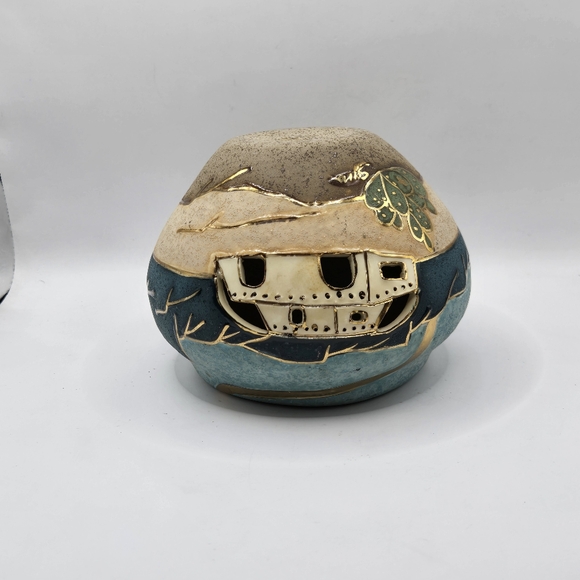 Gina Arrighette Southwestern Pueblo cactus Desert Art Pottery Gold Gilt Vase 22k - Picture 3 of 16